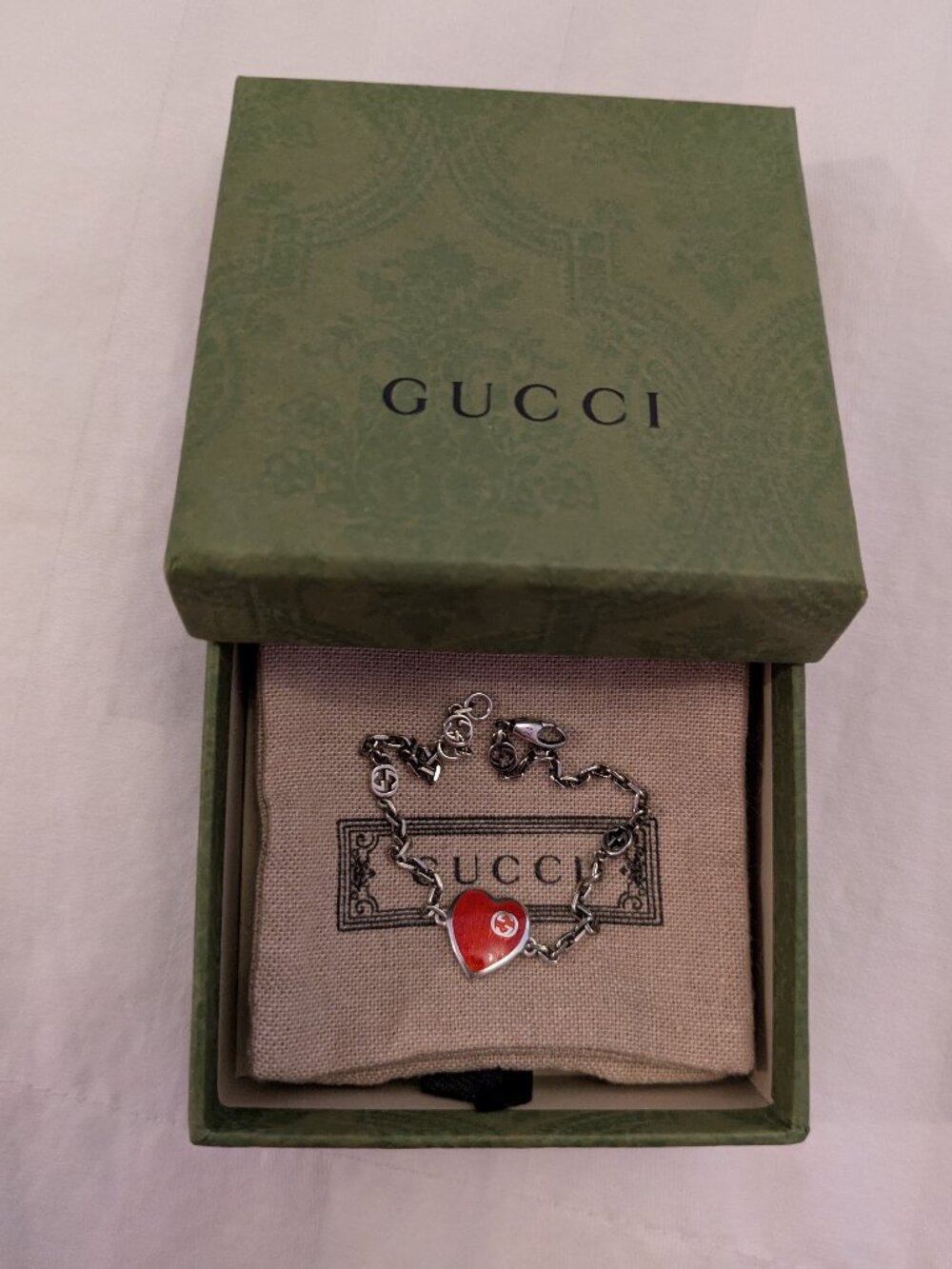 Gucci Sterling Silver Heart Bracelet Red Enamel GG Logo Authentic
